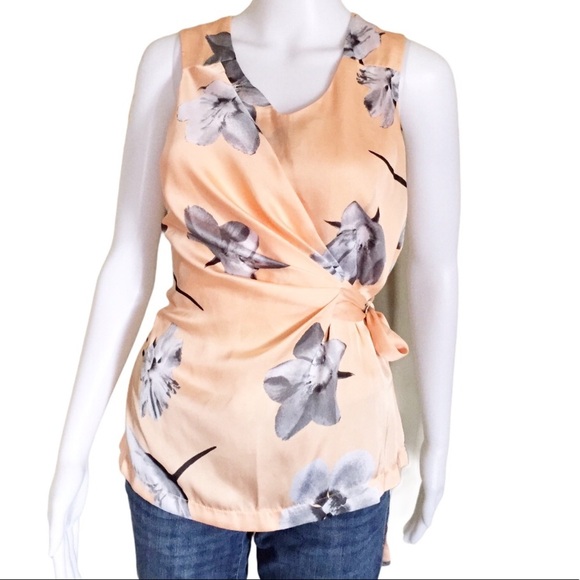 SUZY SHIER Floral Wrap Sleeveless Blouse With Tie Waist Detail Peach Orange XS - Picture 1 of 11